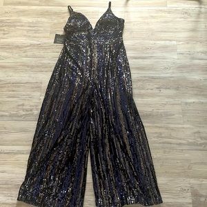 Charlotte Russe navy blue and dark gray sequin jumpsuit, size large